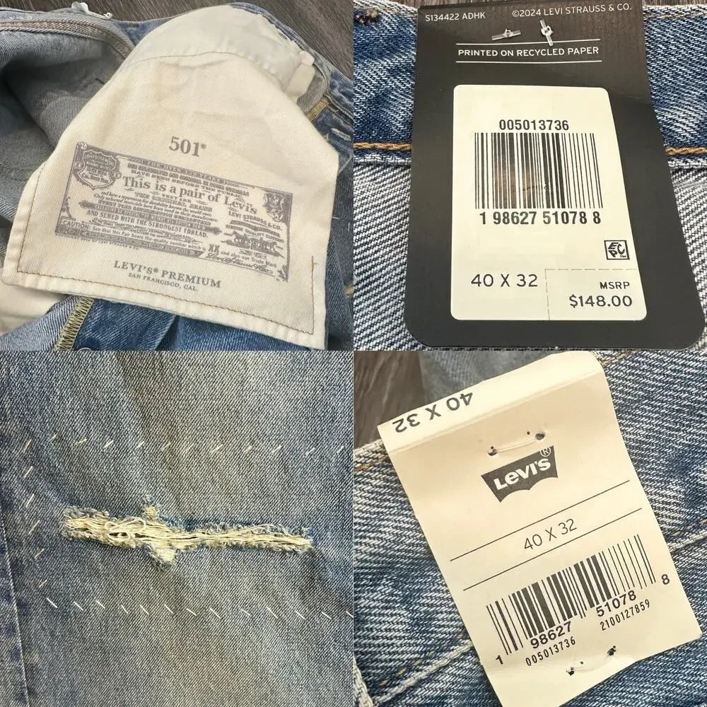 Levi's Selvedge 501 Blue Jean Turquoise Rivet Distressed Mens 40 x 32 Straight